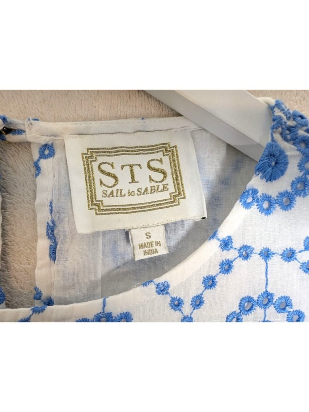 SAIL TO SABLE Blue & White Embroidered Eyelet Puff Short Sleeve Babydoll Top - S - Picture 6 of 15